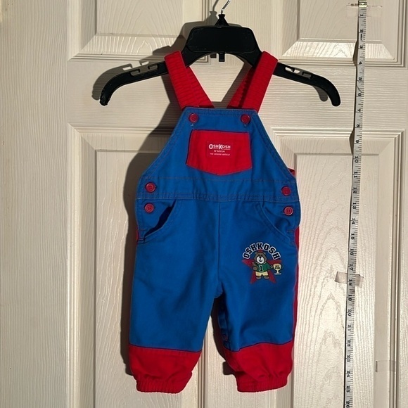 VTG-Oshkosh B’Gosh-6-9 months-vestbak red/blue bear overalls. Made in USA.